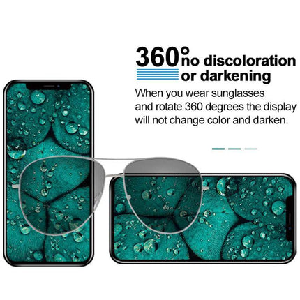 Essential iPhone 16e Screen Replacement for Everyday Connectivity showing anti-discoloration display with sunglasses and 360° rotation demo