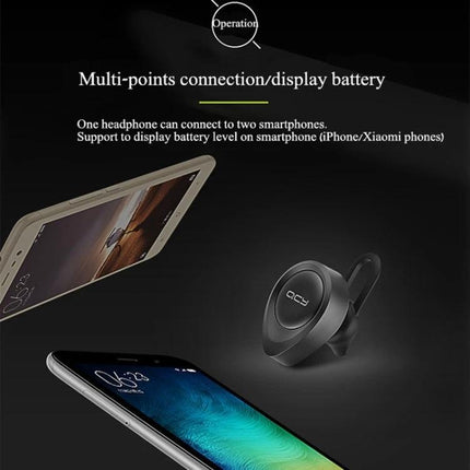 QCY Single Wire Bluetooth Earphone For Commuting And Calls showing single earpiece connecting to two smartphones