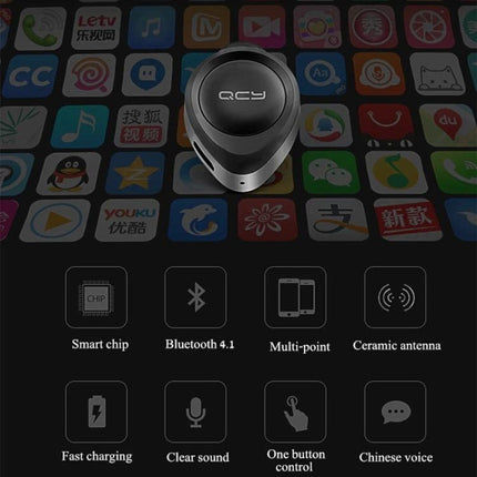 QCY Single Wire Bluetooth Earphone For Commuting And Calls compact black earbud shown over app icons with features list