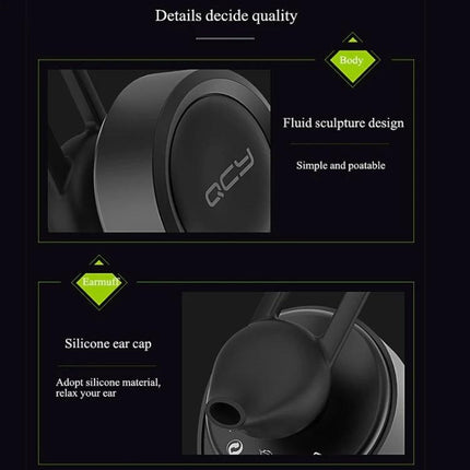 QCY Single Wire Bluetooth Earphone For Commuting And Calls showing close-up of earbud body and silicone ear cap, sleek design