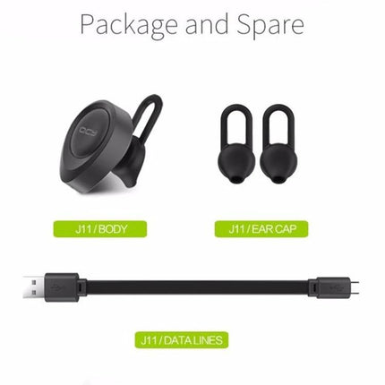 QCY Single Wire Bluetooth Earphone For Commuting And Calls black J11 body with ear caps and flat USB charging cable laid out