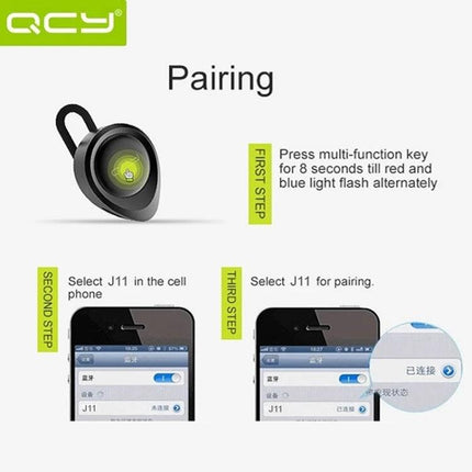 QCY Single Wire Bluetooth Earphone For Commuting And Calls pairing instructions image showing J11 pairing steps with phone