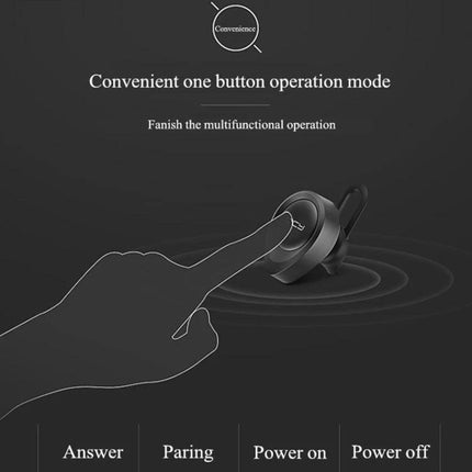 QCY Single Wire Bluetooth Earphone For Commuting And Calls showing one-button operation with finger tapping to answer and pair