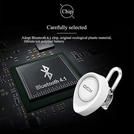 QCY Single Wire Bluetooth Earphone For Commuting And Calls white earbud with Bluetooth 4.1 chip close-up