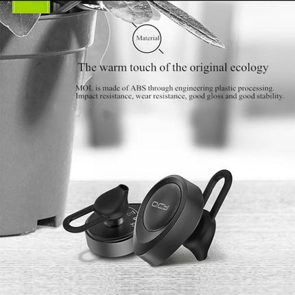 QCY Single Wire Bluetooth Earphone For Commuting And Calls showing black single-wire earbud with ear hook and microphone