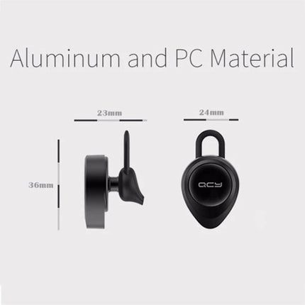 QCY Single Wire Bluetooth Earphone For Commuting And Calls showing black earbud dimensions 36x23x24mm aluminum PC material