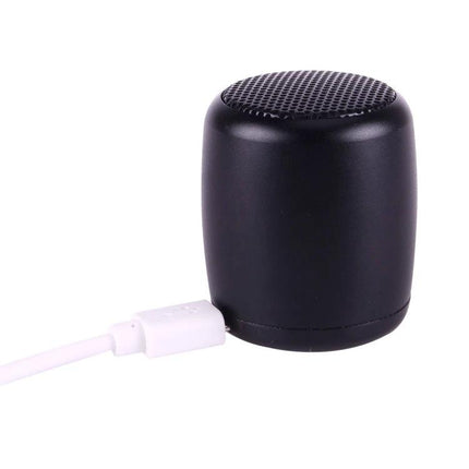 Compact Bluetooth Speaker For Music And Hands Free Calls black pocket-sized speaker with charging cable, mic for calls
