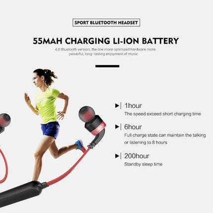 Awei Sport Bluetooth Earphones With Inline Controls showing red neckband earbuds, runner, 55mAh battery life specs
