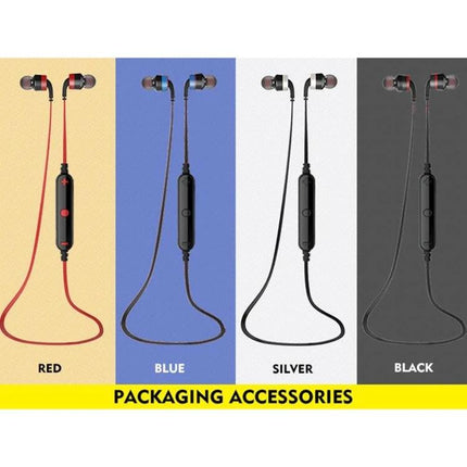 Awei Sport Bluetooth Earphones With Inline Controls shown in red blue silver and black wireless sport earbuds with mic