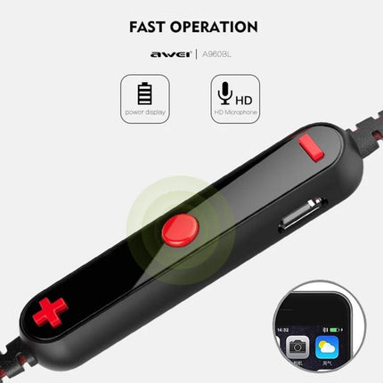 Awei Sport Bluetooth Earphones With Inline Controls showing inline remote with volume buttons microphone and power display