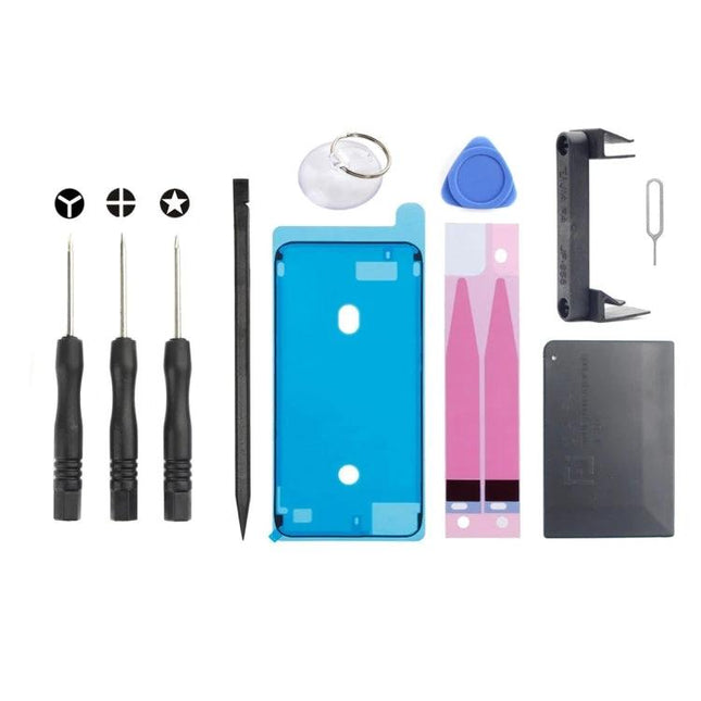 JIAFA 11-in-1 Battery Repair Tool Set for iPhone 6s showing screwdrivers, pry tools, adhesive strips, suction cup and accessory tools