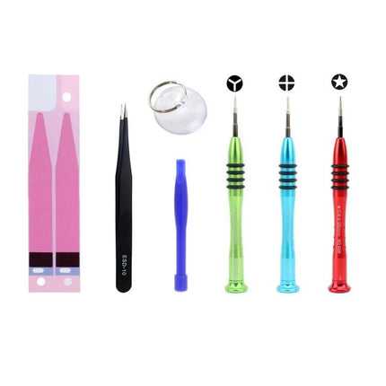 JIAFA 7-in-1 Tool Set for iPhone 6s Battery Repairs showing screwdrivers, spudger, tweezers, suction cup and adhesive strips