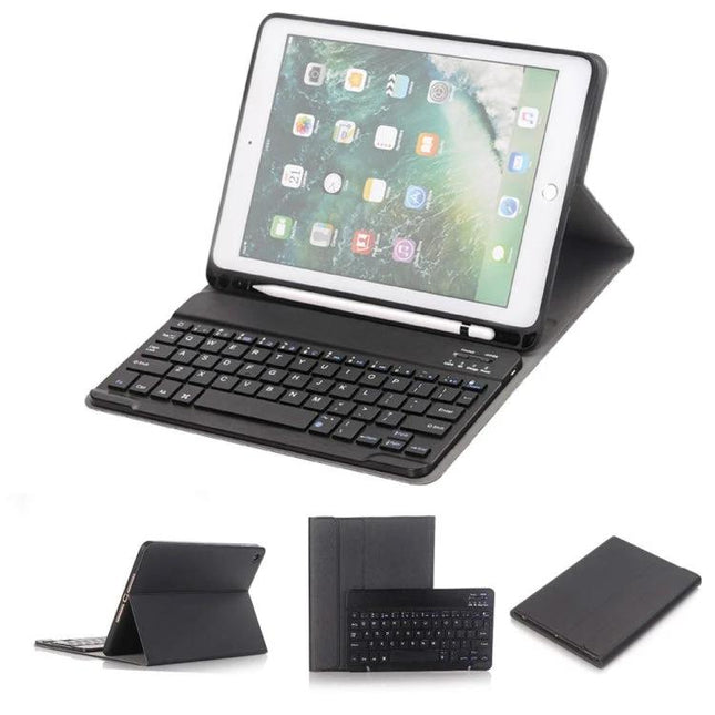Detachable Bluetooth Keyboard and Protective Case for iPad 9.7 Inch shown in laptop and tablet modes, slim black folio with Bluetooth keyboard