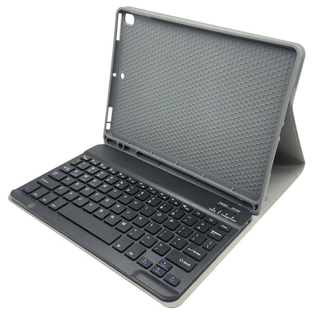 Detachable Bluetooth Keyboard and Protective Case for iPad 9.7 Inch in gray showing keyboard and stand for typing and protection