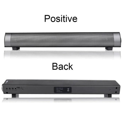 Bluetooth Soundbar For TV And Wireless Music Streaming Compact shown front and rear views with battery USB AUX ports