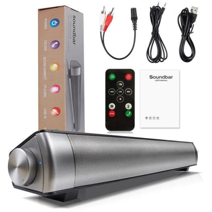 Bluetooth Soundbar For TV And Wireless Music Streaming Compact shown with remote, cables, manual and retail box, portable rechargeable audio