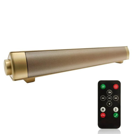 Bluetooth Soundbar For TV And Wireless Music Streaming Compact in gold with remote, rechargeable battery and AUX USB streaming