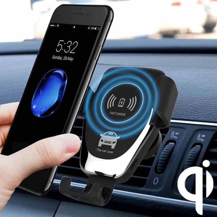 Wireless Charging Car Phone Holder with Gravity Induction mounted on car vent showing fast wireless charging and automatic clamp