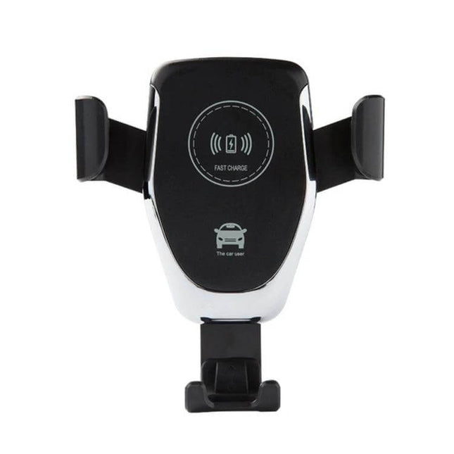 Wireless Charging Car Phone Holder with Gravity Induction mounted in car showing fast charge icon and automatic gravity clamp