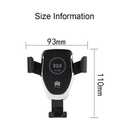 Wireless Charging Car Phone Holder with Gravity Induction showing dimensions 93mm x 110mm and front view of clamp and wireless charging pad