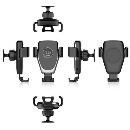 Wireless Charging Car Phone Holder with Gravity Induction showing multiple angles of black gravity-based wireless car mount