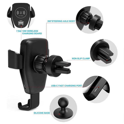 Wireless Charging Car Phone Holder with Gravity Induction showing vent-mount, 7.5W/10W pad, USB-C port, non-slip clamp and silicone base