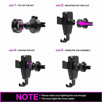 Wireless Charging Car Phone Holder with Gravity Induction demonstrating 4-step vent mount assembly with nut, clip, tighten and complete assembly