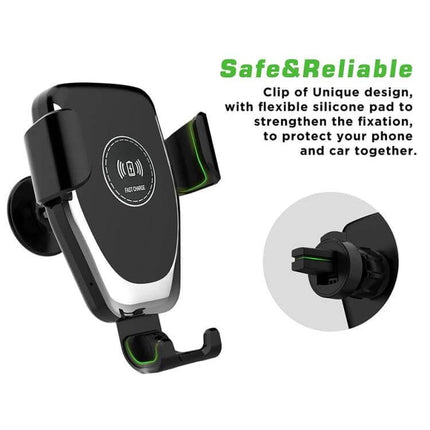 Wireless Charging Car Phone Holder with Gravity Induction - black car mount showing gravity clamp and wireless charging pad, vent clip detail