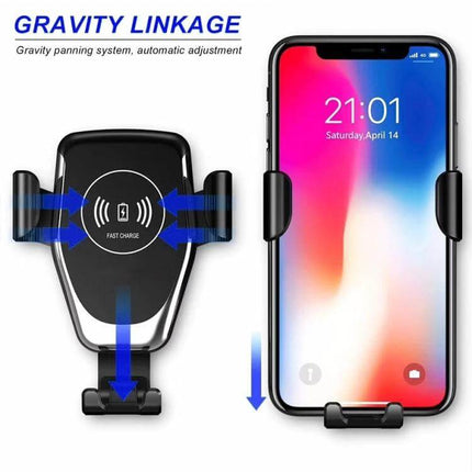 Wireless Charging Car Phone Holder with Gravity Induction mounted on dashboard showing automatic clamp and fast wireless charging for smartphone