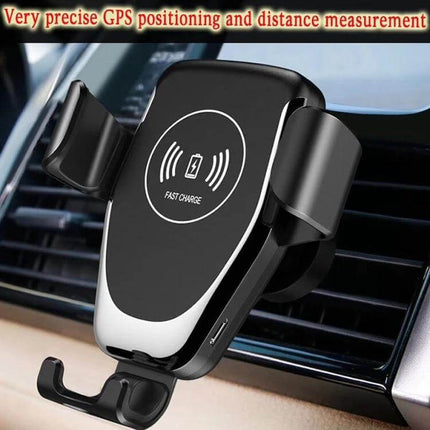 Wireless Charging Car Phone Holder with Gravity Induction mounted on car vent showing fast charge symbol and automatic clamping