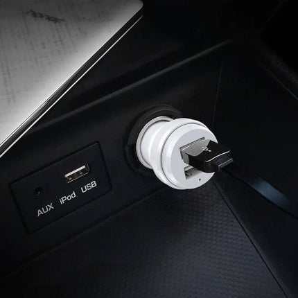 Dual USB Car Charger for Android with Cable Black Compact plugged into car socket, two-port 24W charger with reinforced contacts