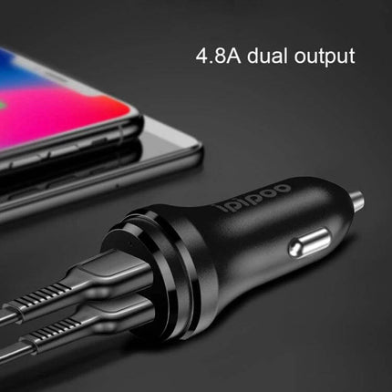 Dual USB Car Charger for Android with Cable Black Compact showing black dual-port car charger plugged with two cables and smartphone nearby
