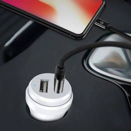 Dual USB Car Charger for Android with Cable Black Compact - compact black 24W dual USB car charger with cable plugged into phone