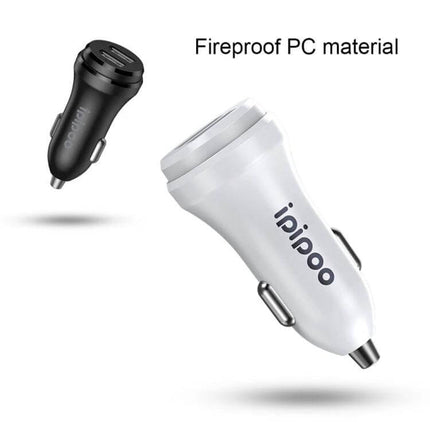 Dual USB Car Charger for Android with Cable Black Compact - ipipoo XP-1 compact black dual USB car charger, 24W, fireproof PC shell
