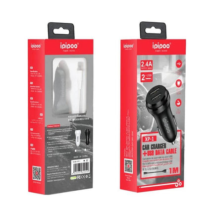 Dual USB Car Charger for Android with Cable Black Compact - ipipoo XP-1 24W dual-port car charger with 1M USB cable, compact black design