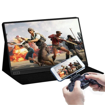 Portable 15.6-Inch Monitor for Computers and Gaming Consoles showing gaming setup with phone and controller, slim travel display with pen included