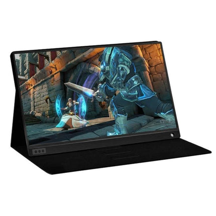 Portable 15.6-Inch Monitor for Computers and Gaming Consoles showing a slim travel display with gaming scene and protective folio case