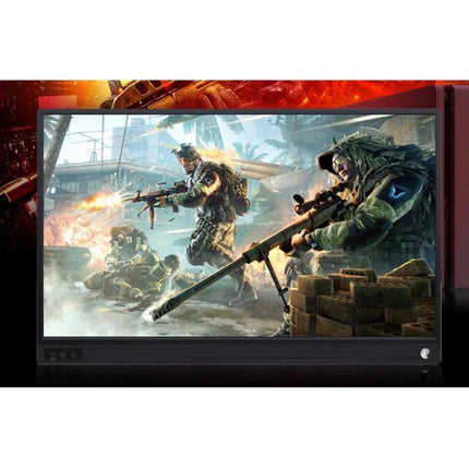 Portable 15.6-Inch Monitor for Computers and Gaming Consoles showing FPS game scene on slim travel display with pen included
