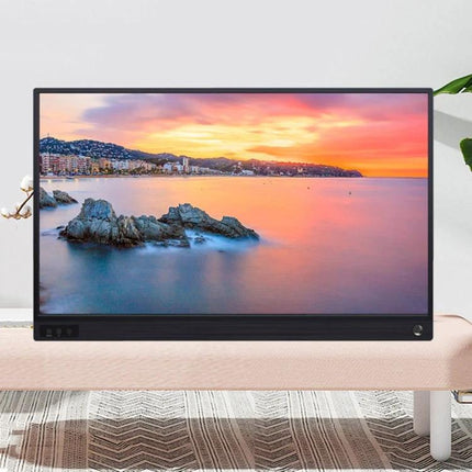 Portable 15.6-Inch Monitor for Computers and Gaming Consoles slim travel display with pen showing seaside sunset image