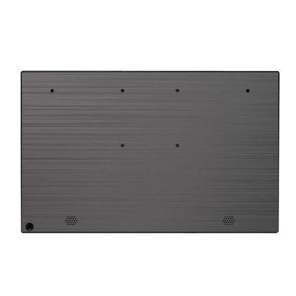 Portable 15.6-Inch Monitor for Computers and Gaming Consoles shown from rear with brushed metal finish, VESA mount holes and built-in speakers, slim profile