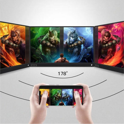Portable 15.6-Inch Monitor for Computers and Gaming Consoles showing multi-angle gaming display with mobile phone mirroring and 178° viewing