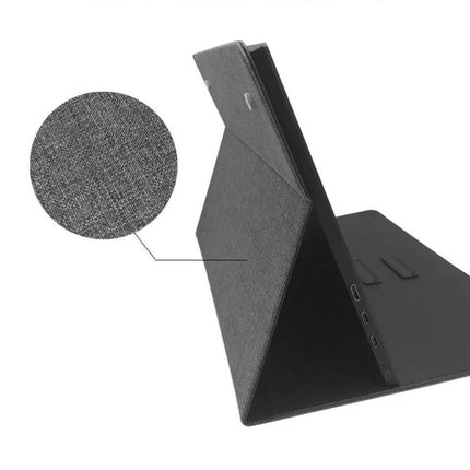 Portable 15.6-Inch Monitor for Computers and Gaming Consoles slim travel case stand with fabric cover and pen, angled view