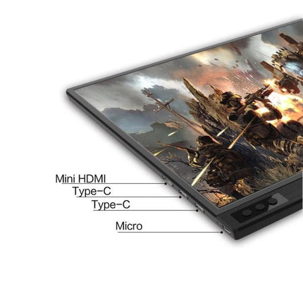 Portable 15.6-Inch Monitor for Computers and Gaming Consoles showing slim angled display with labeled Mini HDMI, Type-C and Micro ports