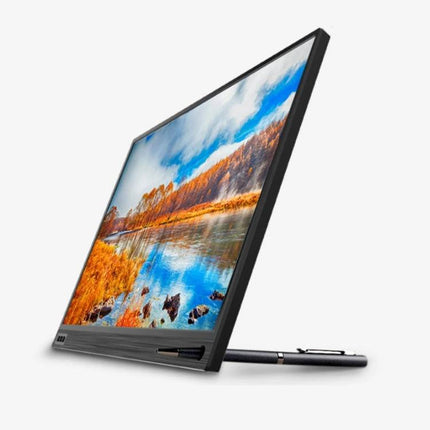 Portable 15.6-Inch Monitor for Computers and Gaming Consoles slim travel display with pen stand showing autumn landscape