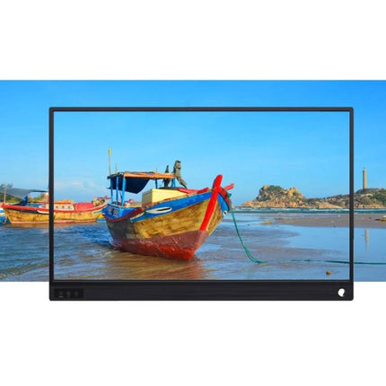 Portable 15.6-Inch Monitor for Computers and Gaming Consoles slim travel display showing beach scene with boat, pen included