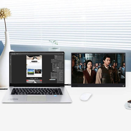 Portable 15.6-Inch Monitor for Computers and Gaming Consoles showing dual-screen setup beside laptop for work and gaming, slim travel design with pen