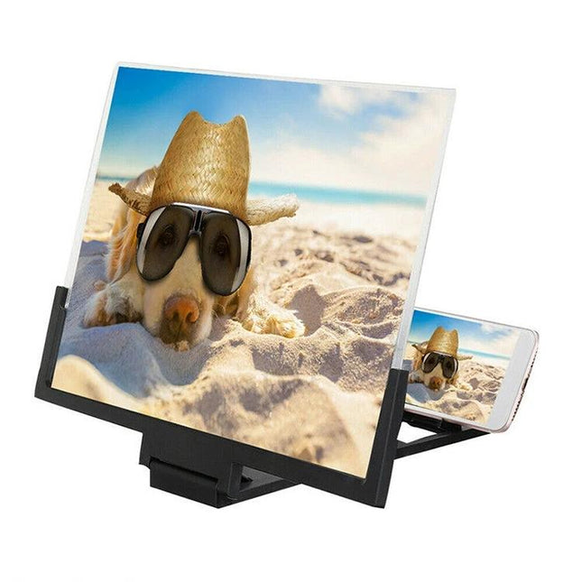14 Inch Mobile Phone Screen Amplifier with Stand for Viewing showing a phone magnified display of a dog on the beach, adjustable stand for hands-free viewing