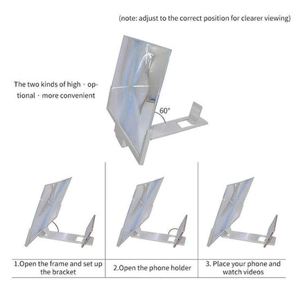14 Inch Mobile Phone Screen Amplifier with Stand for Viewing showing adjustable stand angles and step-by-step setup for watching videos