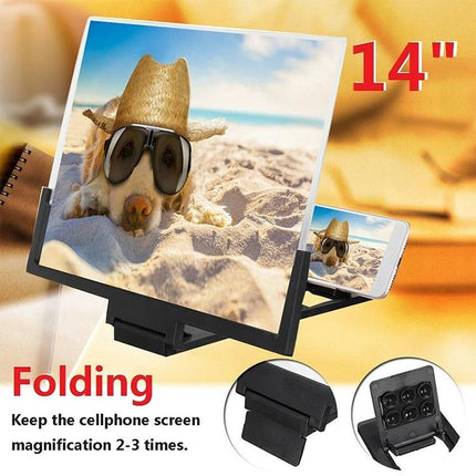 14 Inch Mobile Phone Screen Amplifier with Stand for Viewing on table showing phone and large magnified beach dog image
