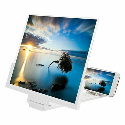 14 Inch Mobile Phone Screen Amplifier with Stand for Viewing showing phone and enlarged scenic video on white adjustable stand